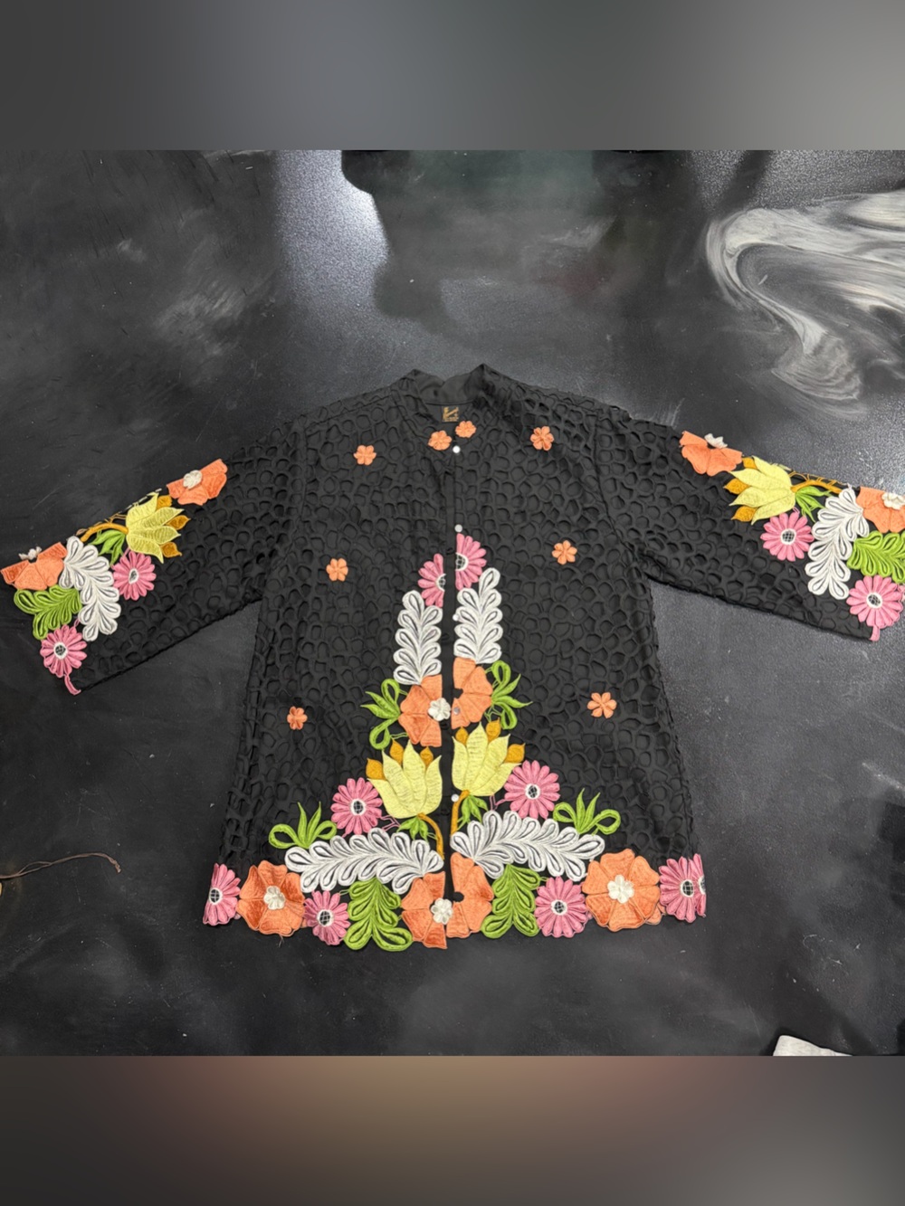 Vintage Queen Caro of Honolulu Black Embroidered Floral Tunic Top